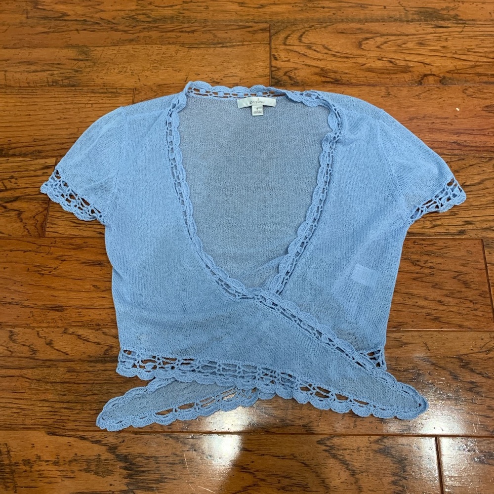 light blue lacy cover up tie shirt